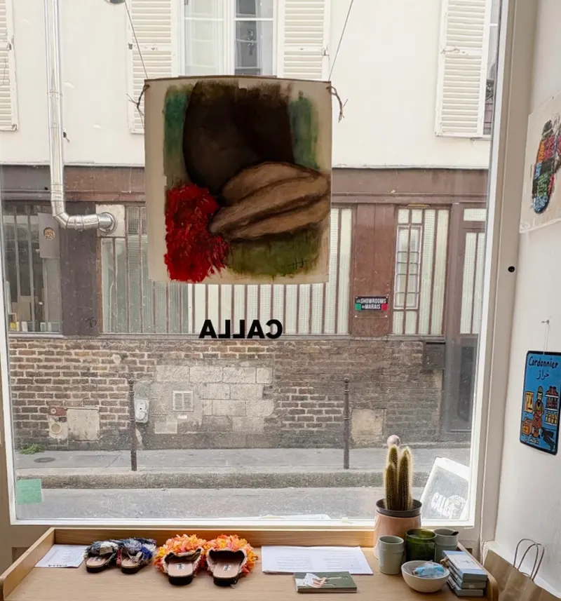 View from inside the Calla Paris boutique looking out through the window display